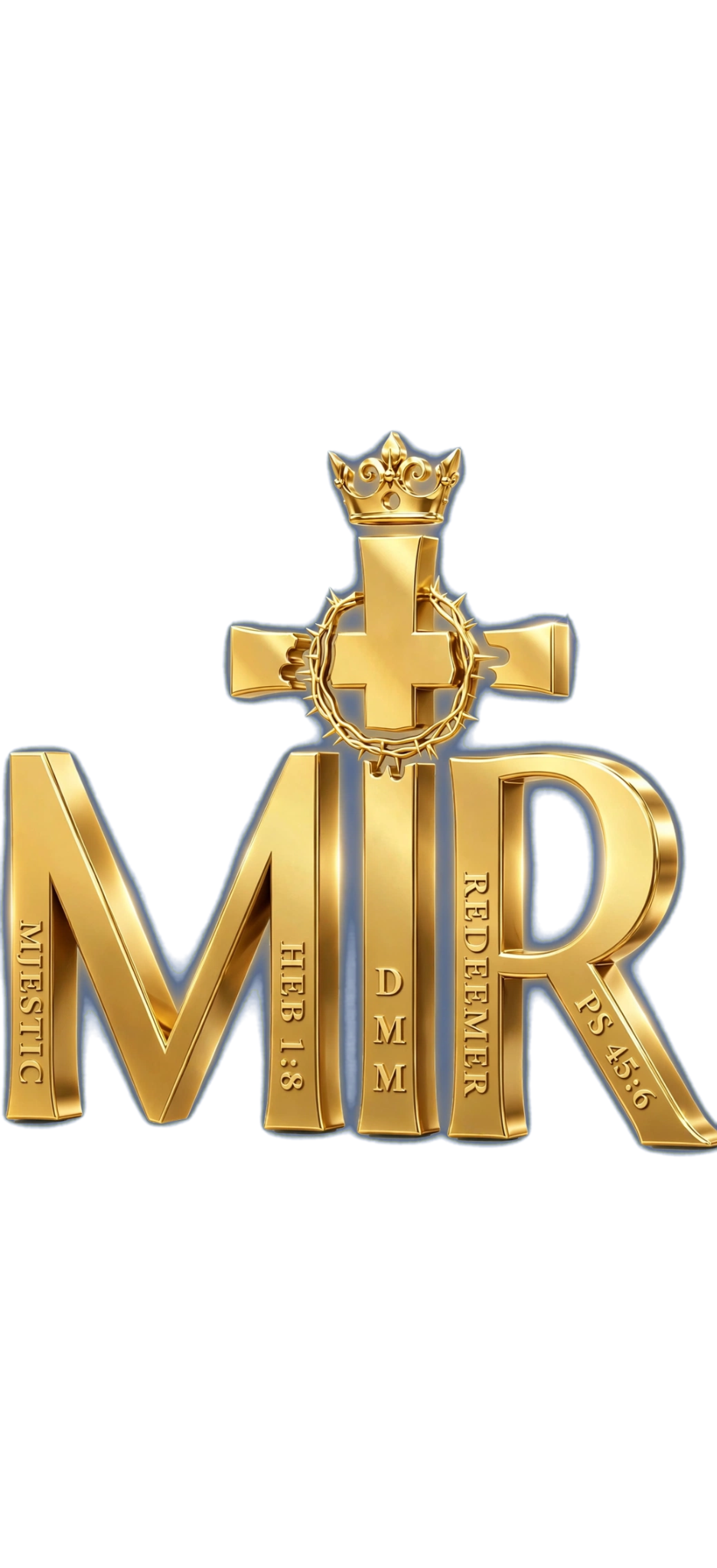 Majestic Redeemer gold MR logo with crown, cross and crown of thorns